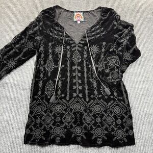 Johnny Was Shirt Womens XS Black Velvet Embroidered Boho Tunic Long Sleeve